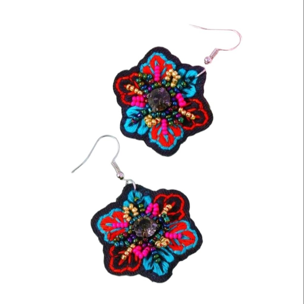 Embroidered Jewel Toned Earrings NEW